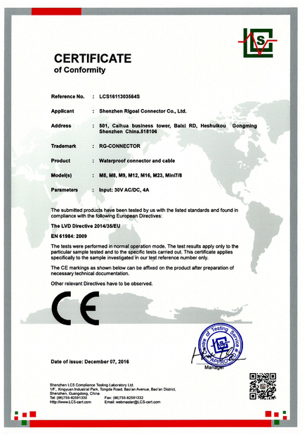 CHINA Shenzhen Rigoal Connector Co.,Ltd. zertifizierungen
